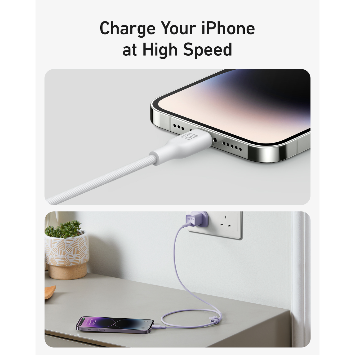 iPhone charging with a white cable and a power brick.