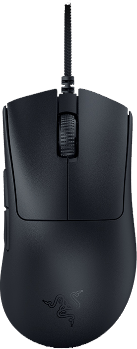 Fekete Razer gamer egér görgetőkerékkel és két oldalsó gombbal, felülnézetből.