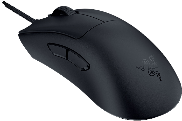 Fekete Razer gaming egér, oldalsó gombokkal és fonott kábellel.