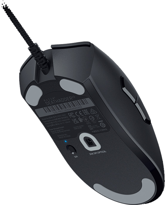 Egy fekete Razer DeathAdder v3 egér, egy rögzített kábellel.