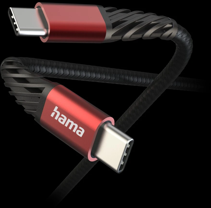 Nahaufnahme eines rot-schwarzen USB-C-Kabels mit dem 'hama'-Logo.