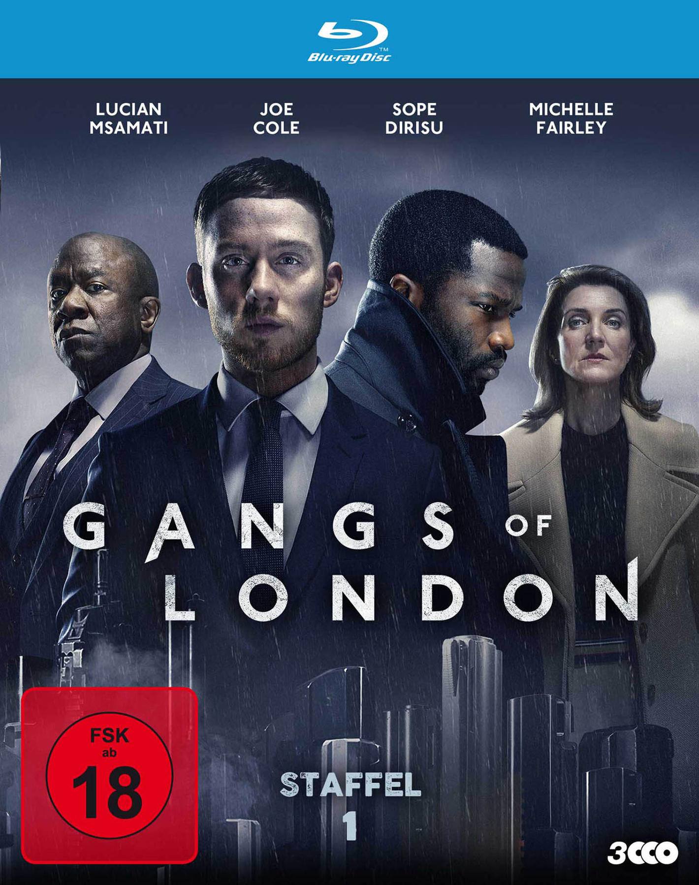 Blu-ray-Cover für Gangs of London: Staffel 1. Zeigt vier Männer in Anzügen auf einer regnerischen Straße.