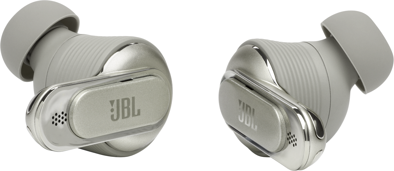 Zwei graue und silberne JBL-Ohrhörer mit sichtbarem JBL-Logo.