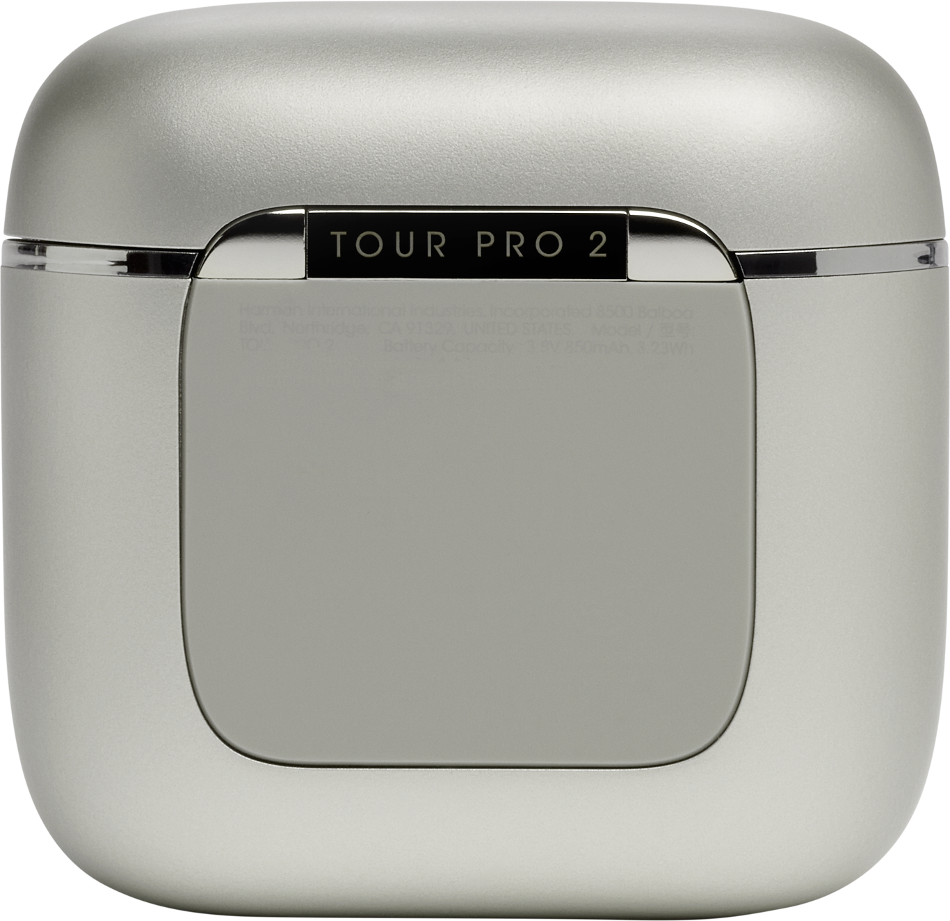 Ein silbernes Ladecase, geschlossen, mit der Aufschrift 'TOUR PRO 2'.