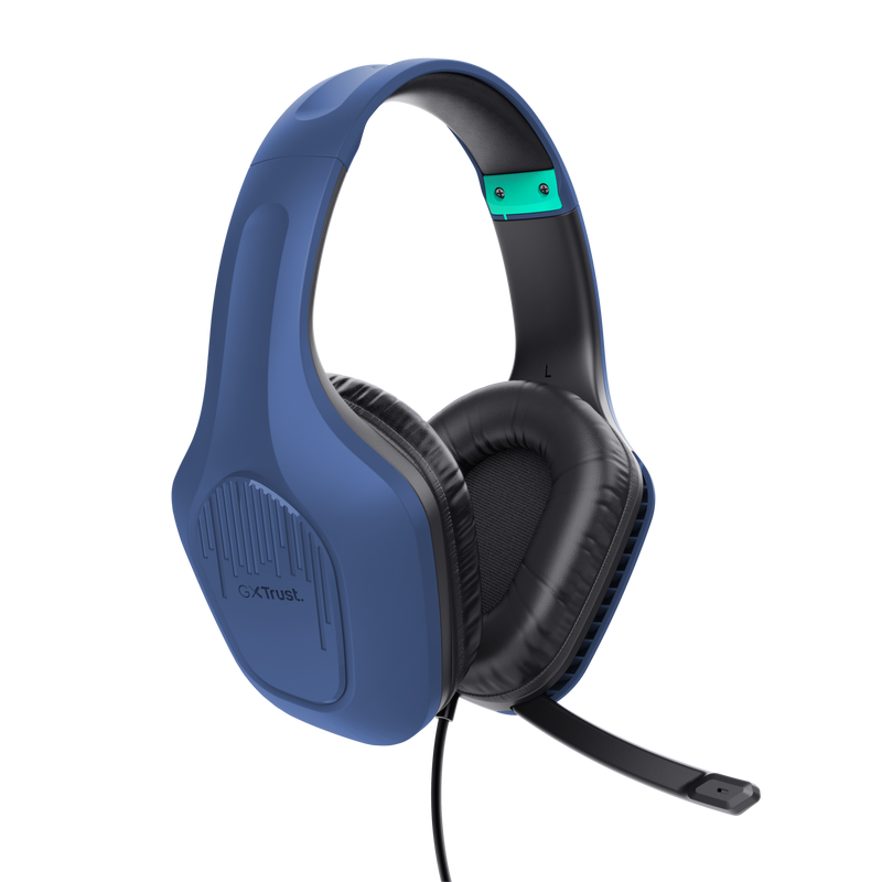 Kék és fekete gamer headset. A bal fülhallgatón GXT logó van. A mikrofon bal oldalon van.
