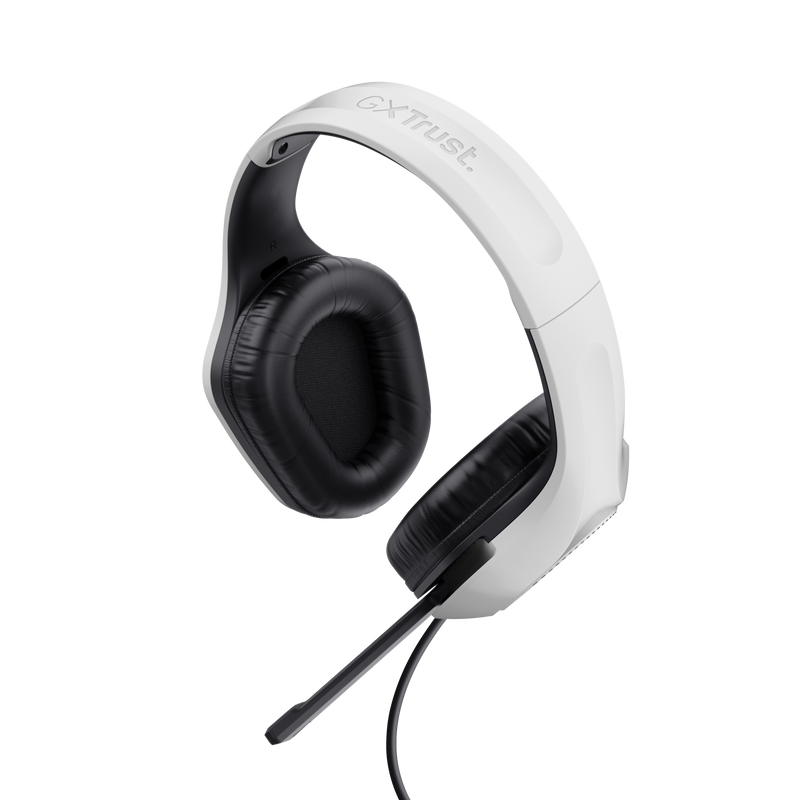 Fehér és fekete gamer headset mikrofonnal.