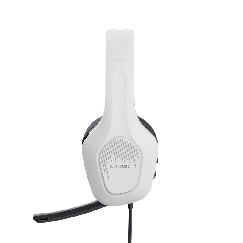 Fehér és fekete gamer headset. A headset mikrofonnal rendelkezik, és kábellel csatlakozik. A márka a GXTrust.