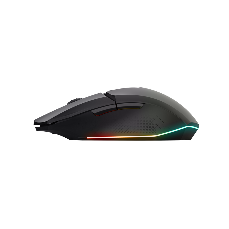 Gaming egér, fekete test RGB fénysávval az alján, fekete háttérrel.