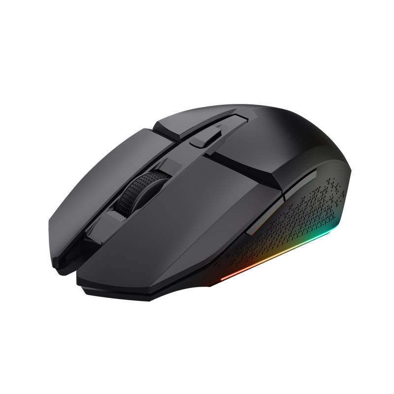 Fekete gamer egér RGB világítással az alján, és egy görgetőkerékkel.