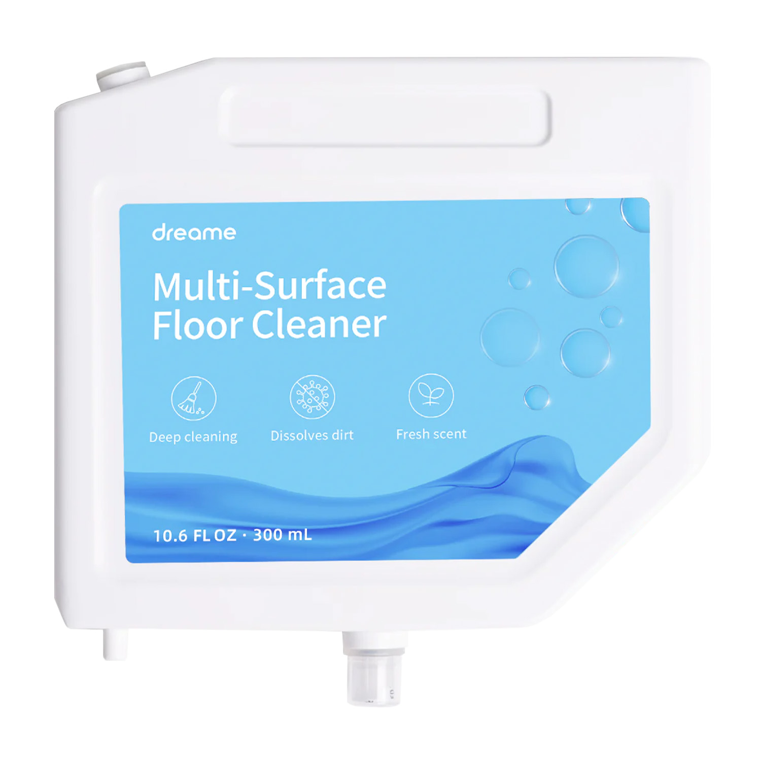 Bottiglia di detergente bianca. Etichetta blu con testo: "Multi-Surface Floor Cleaner".