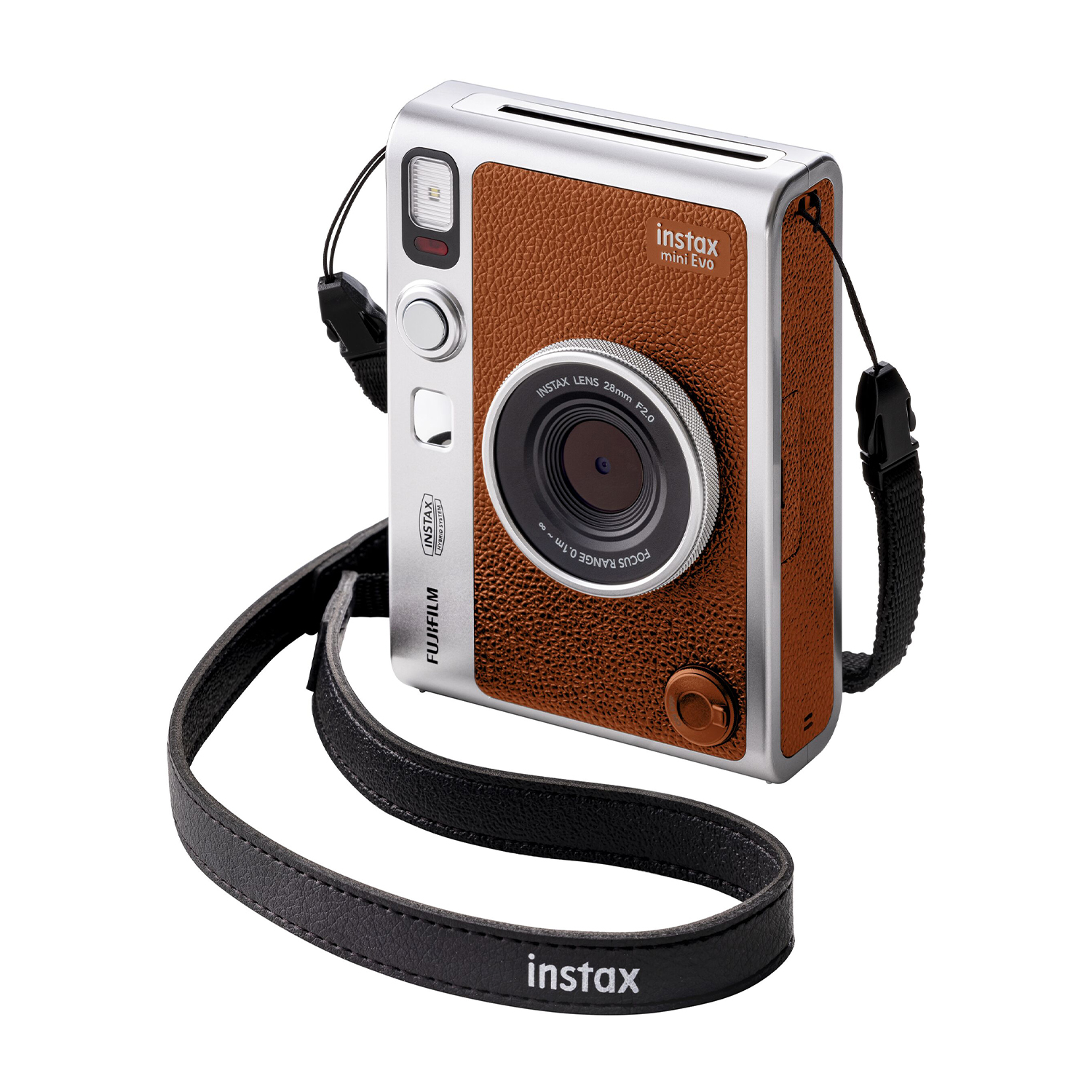 Una fotocamera Instax mini Evo marrone e argento. La fotocamera ha una cinghia nera e un obiettivo.