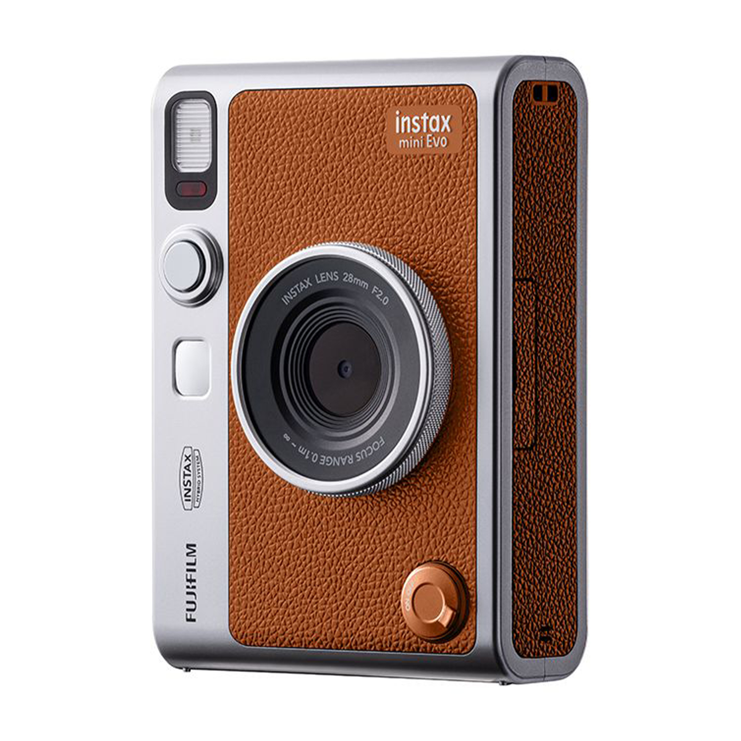 Fotocamera Instax Mini Evo argento e marrone.