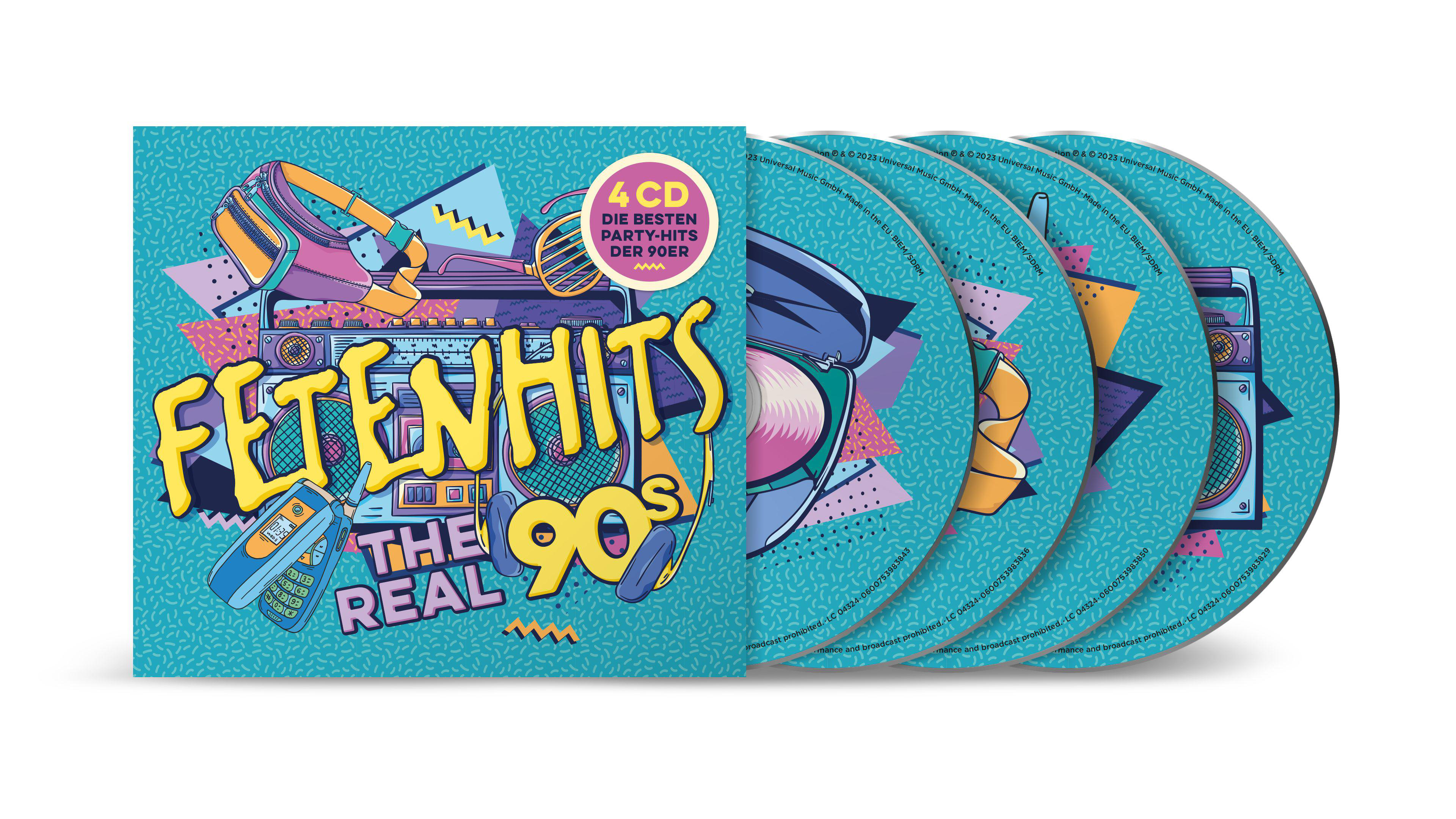 CD-Albumcover, 'Fetenhits The Real 90s' mit 4 CDs rechts sichtbar.