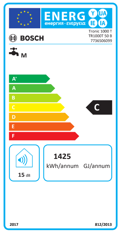 Energiahatékonysági címke egy Bosch vízmelegítőhöz, amely az energiaosztályát mutatja.