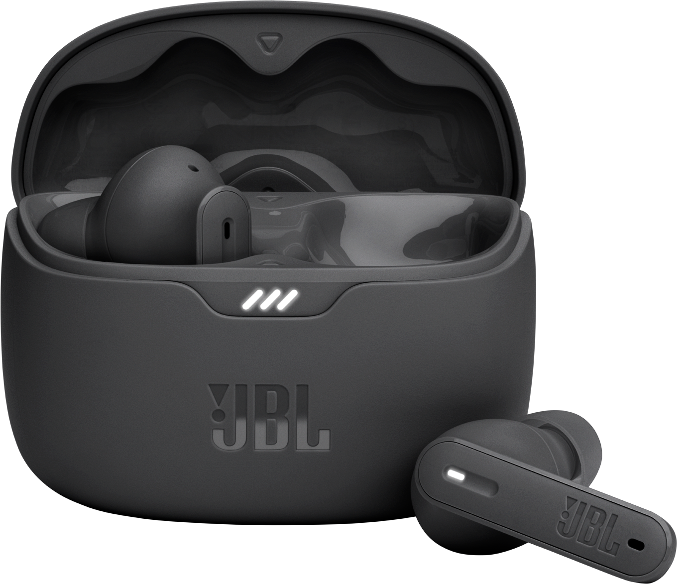 Schwarze JBL-Ohrhörer in einem Ladeetui. Weiße Kontrollleuchten sind an. Grauer Hintergrund.
