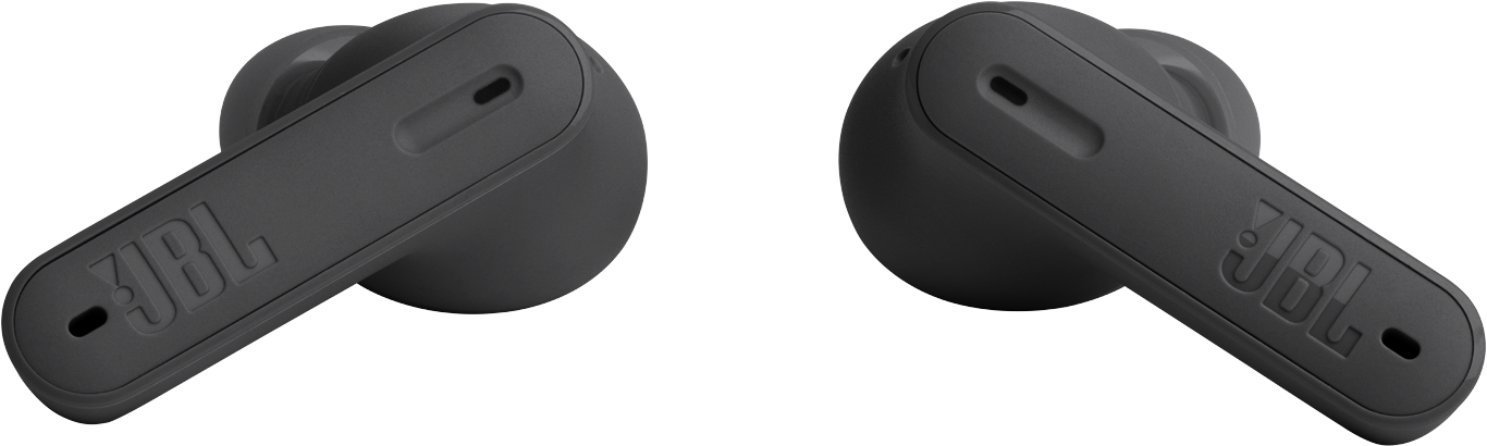 Zwei schwarze JBL-Ohrhörer, die das JBL-Logo zeigen. Sie sind auf den Betrachter ausgerichtet.