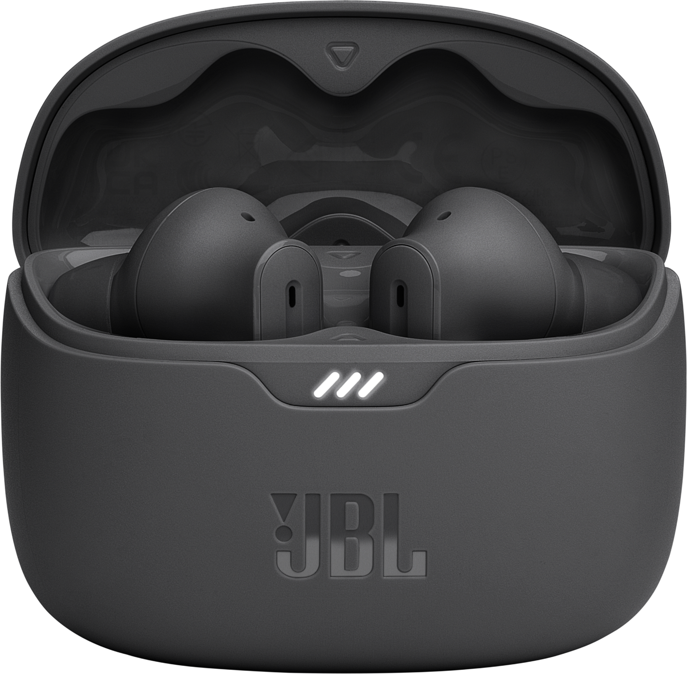 Schwarze kabellose JBL-Ohrhörer in einem Ladeetui, weißer Hintergrund.