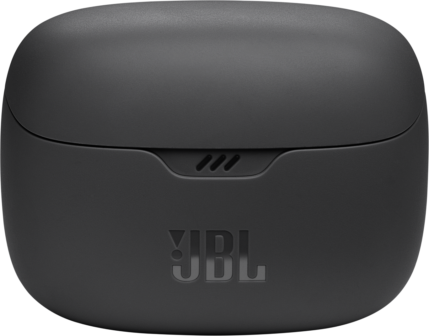 Schwarzes JBL-Ohrhörer-Ladeetui mit JBL-Logo und drei Linien.