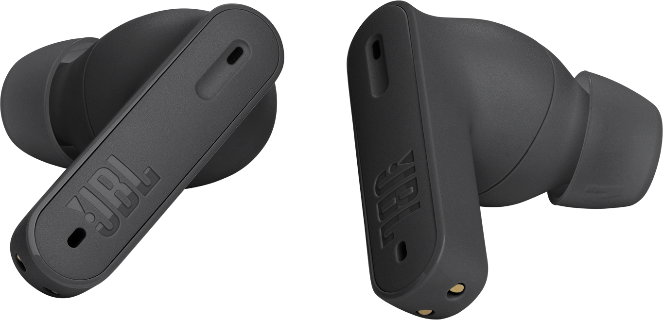 Zwei schwarze JBL-Ohrhörer.