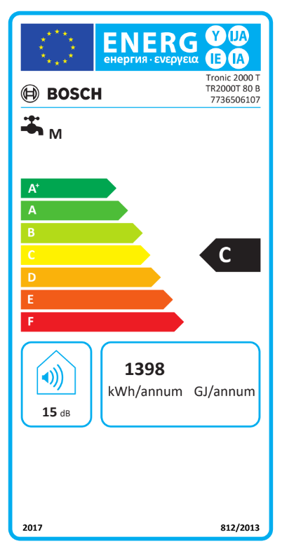 Energia címke egy Bosch vízmelegítőhöz. C energiaosztályba sorolt.