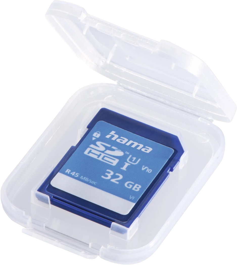 Eine transparente Kunststoffhülle mit einer blauen SD-Karte, beschriftet mit 'hama', 32 GB.