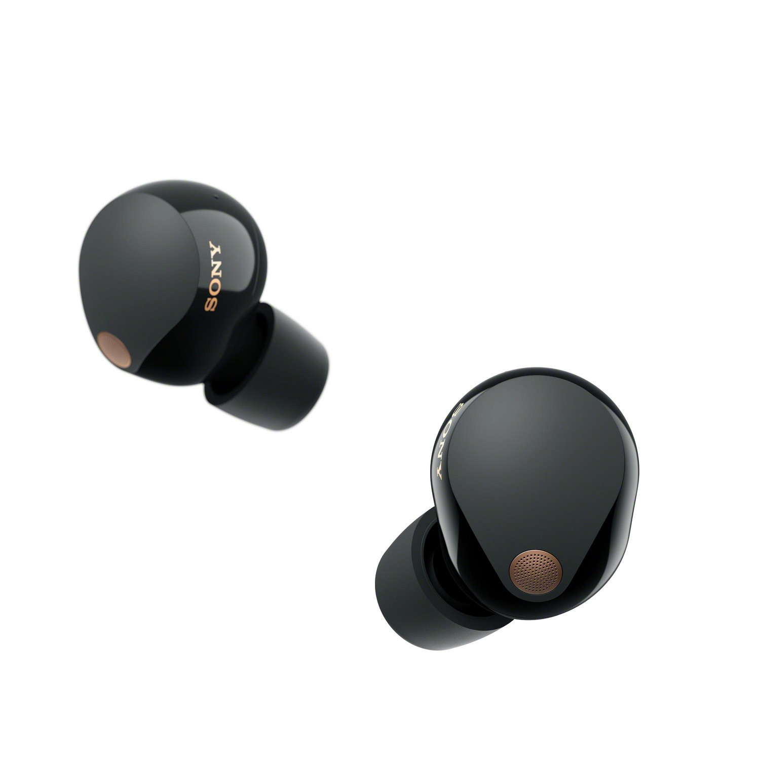 Twee zwarte Sony oortelefoons met gouden accenten, geplaatst op een witte achtergrond.