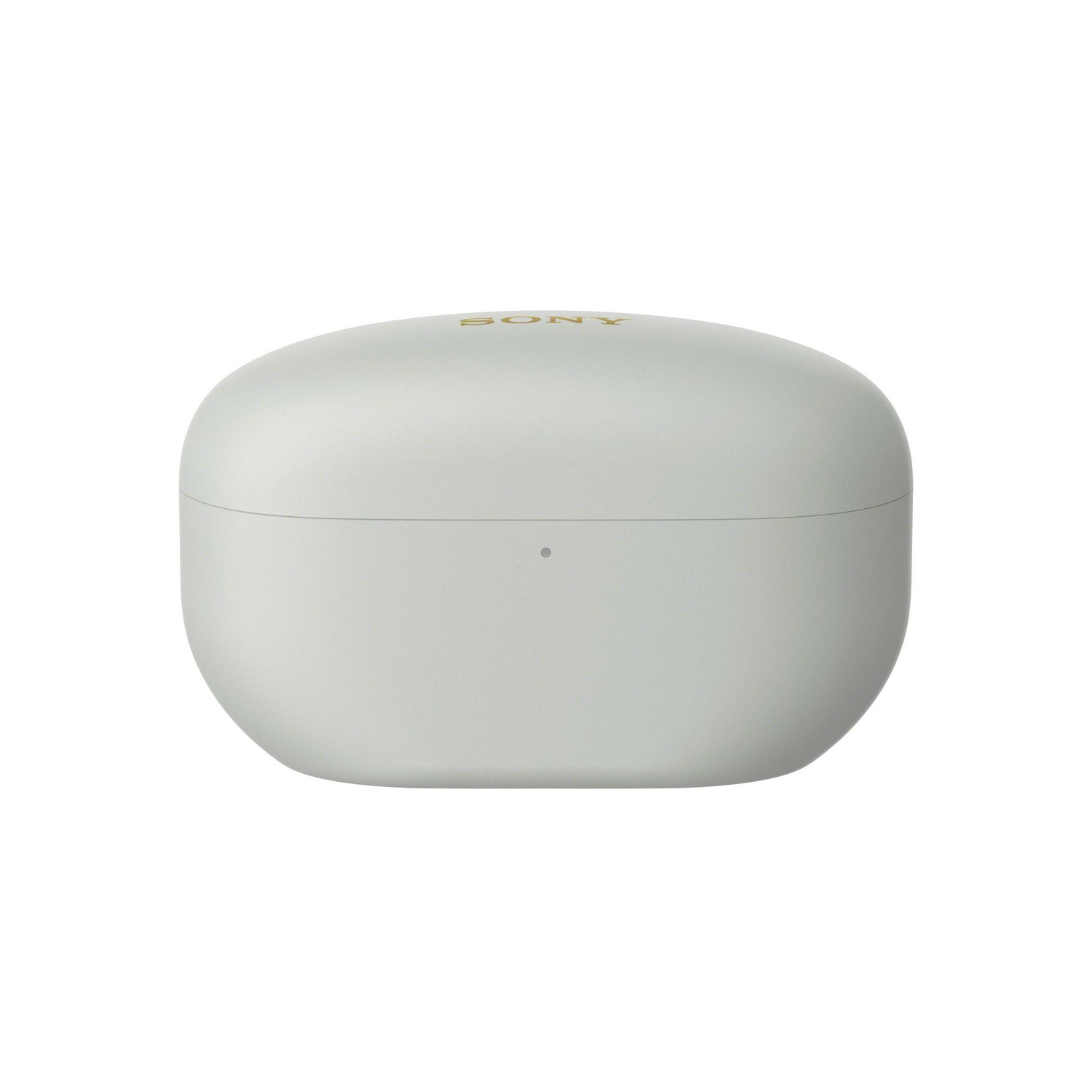 Étui de chargement blanc des écouteurs Sony, fermé. Logo Sony dessus, un point devant.
