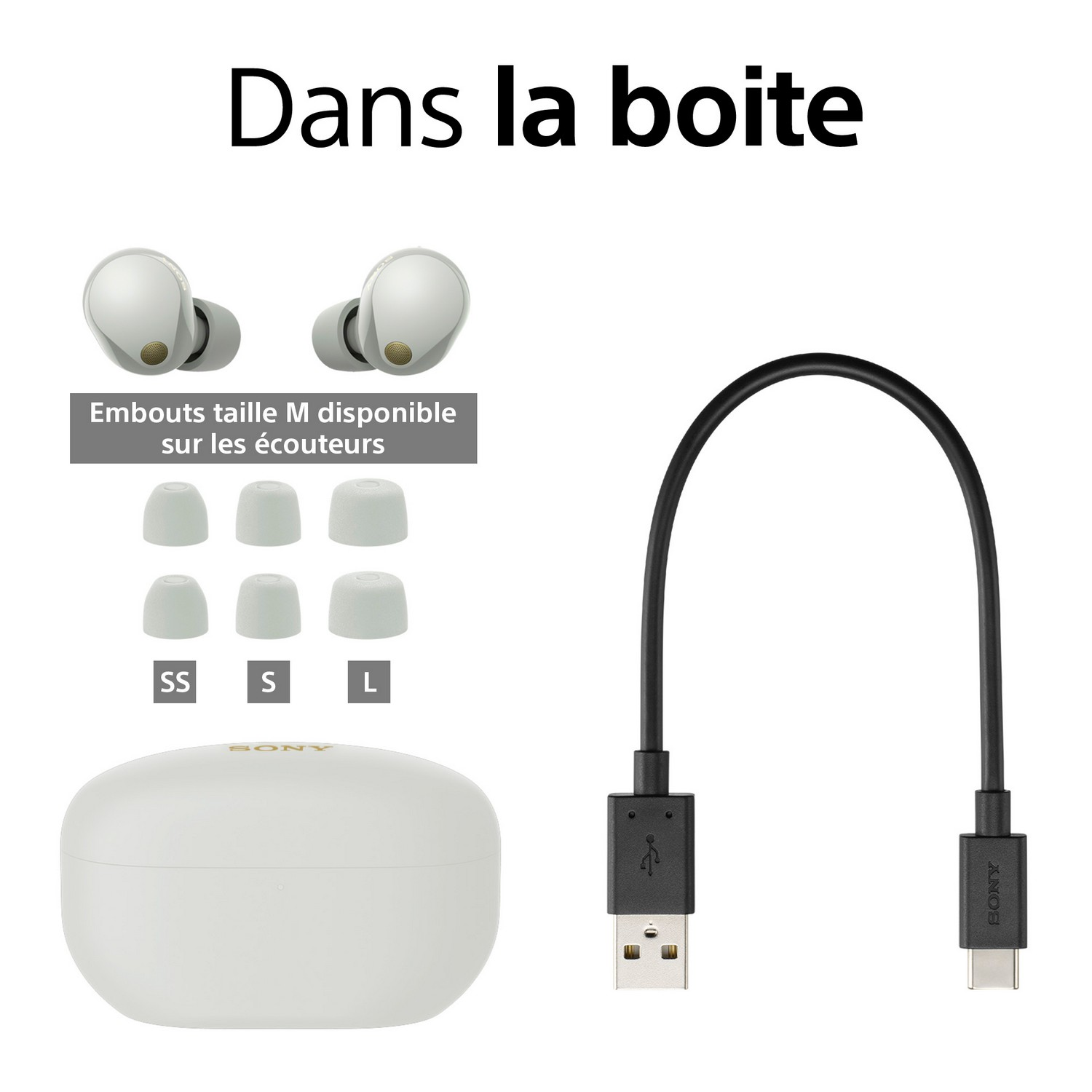 Écouteurs, embouts et un câble de chargement dans une boîte blanche, avec texte : Dans la boite.