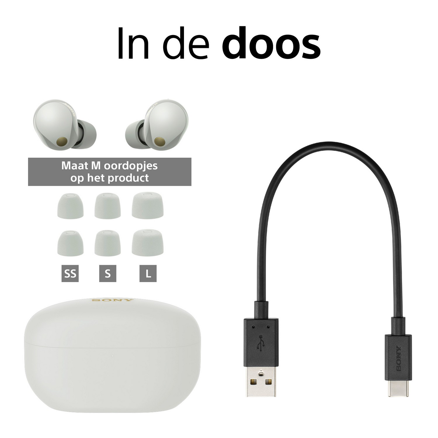Witte oordopjes, oortips en oplaadkabel in een witte case. De tekst "In de doos" staat erboven.