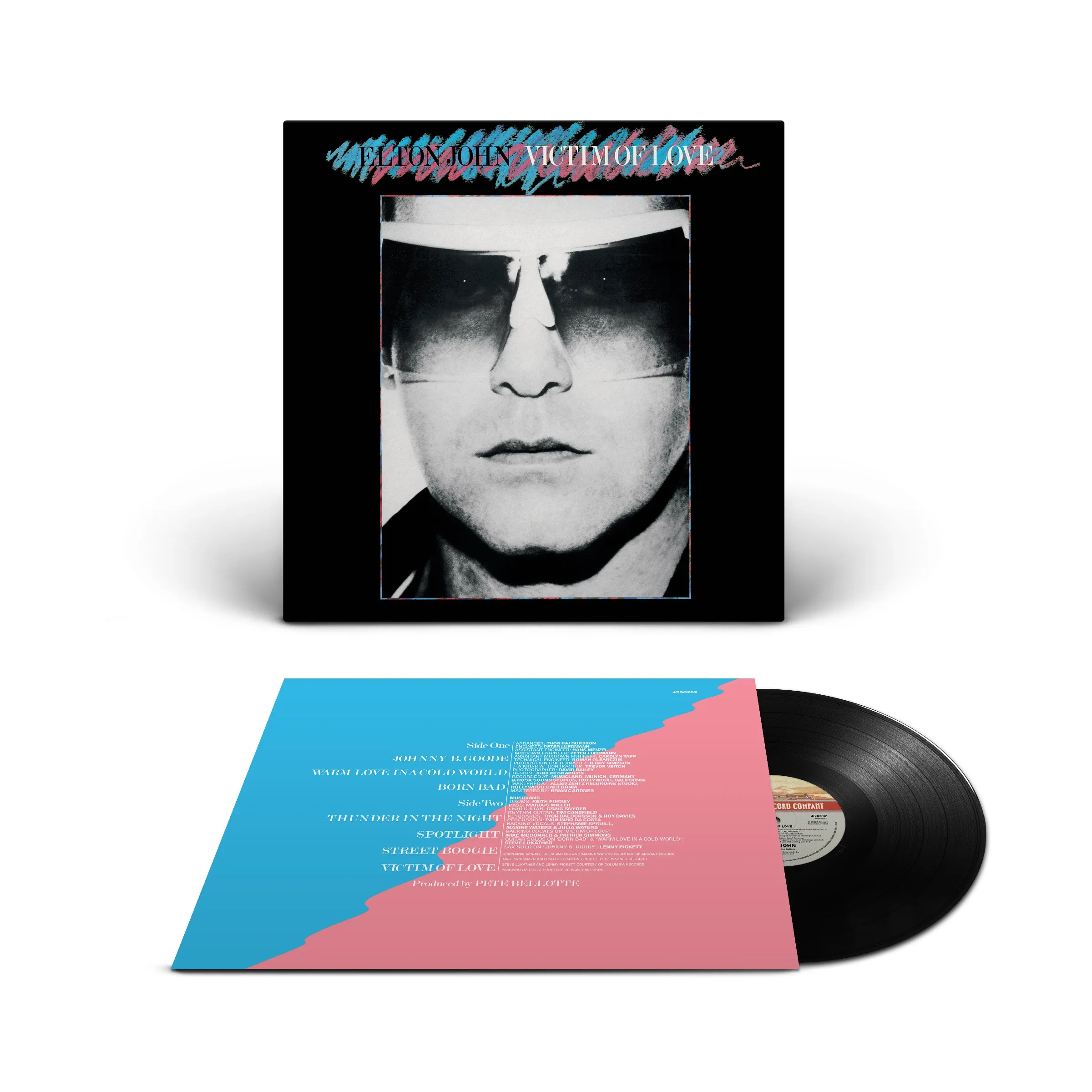 Album borító. Arc napszemüveggel. Vinyl lemez, hátlap a dalok címeivel.