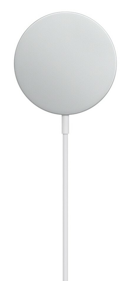 Biała ładowarka MagSafe z białym kablem, na białym tle.
