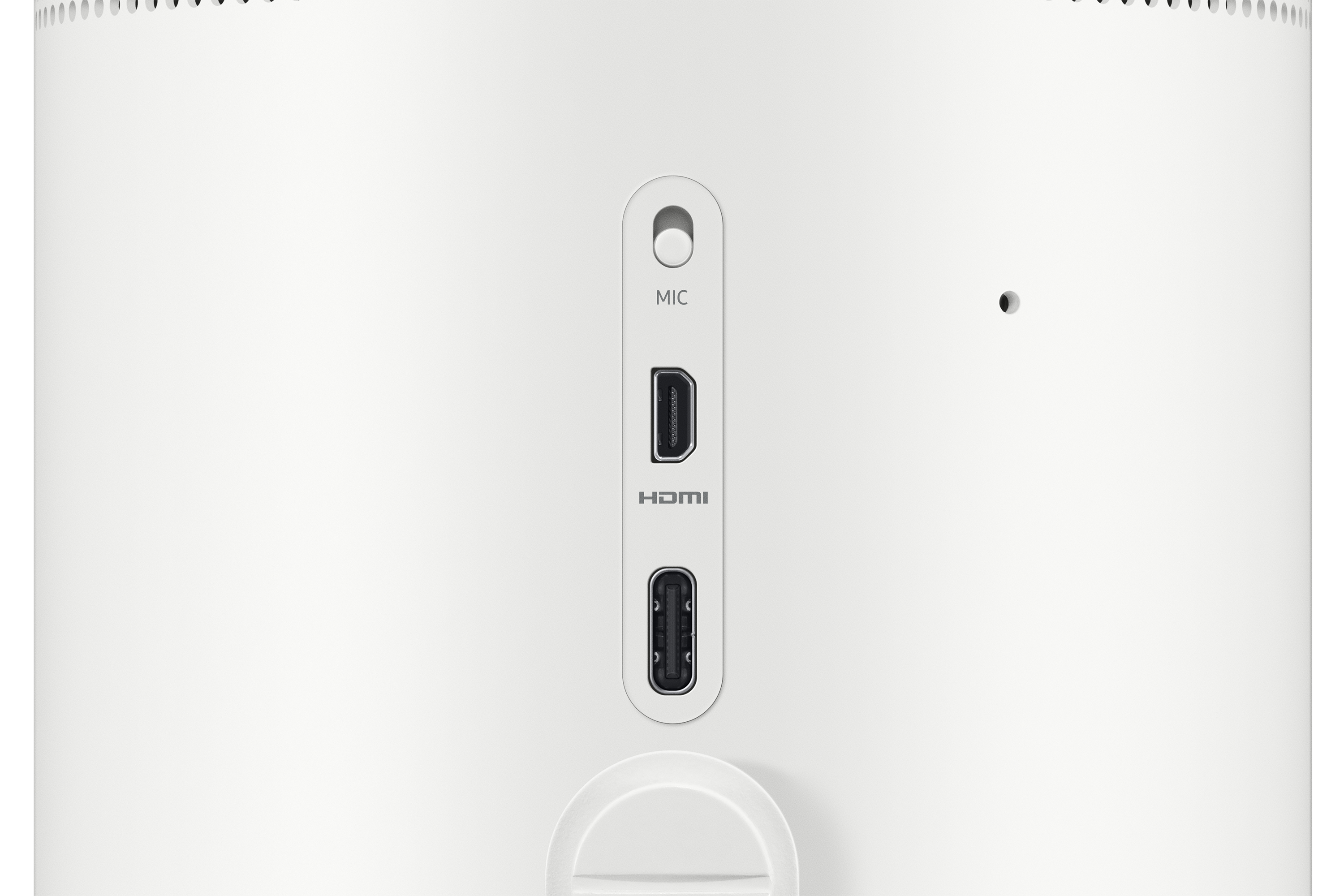 Nahaufnahme der Rückseite eines weißen Lautsprechers mit Mikrofon-, HDMI- und USB-Anschlüssen.