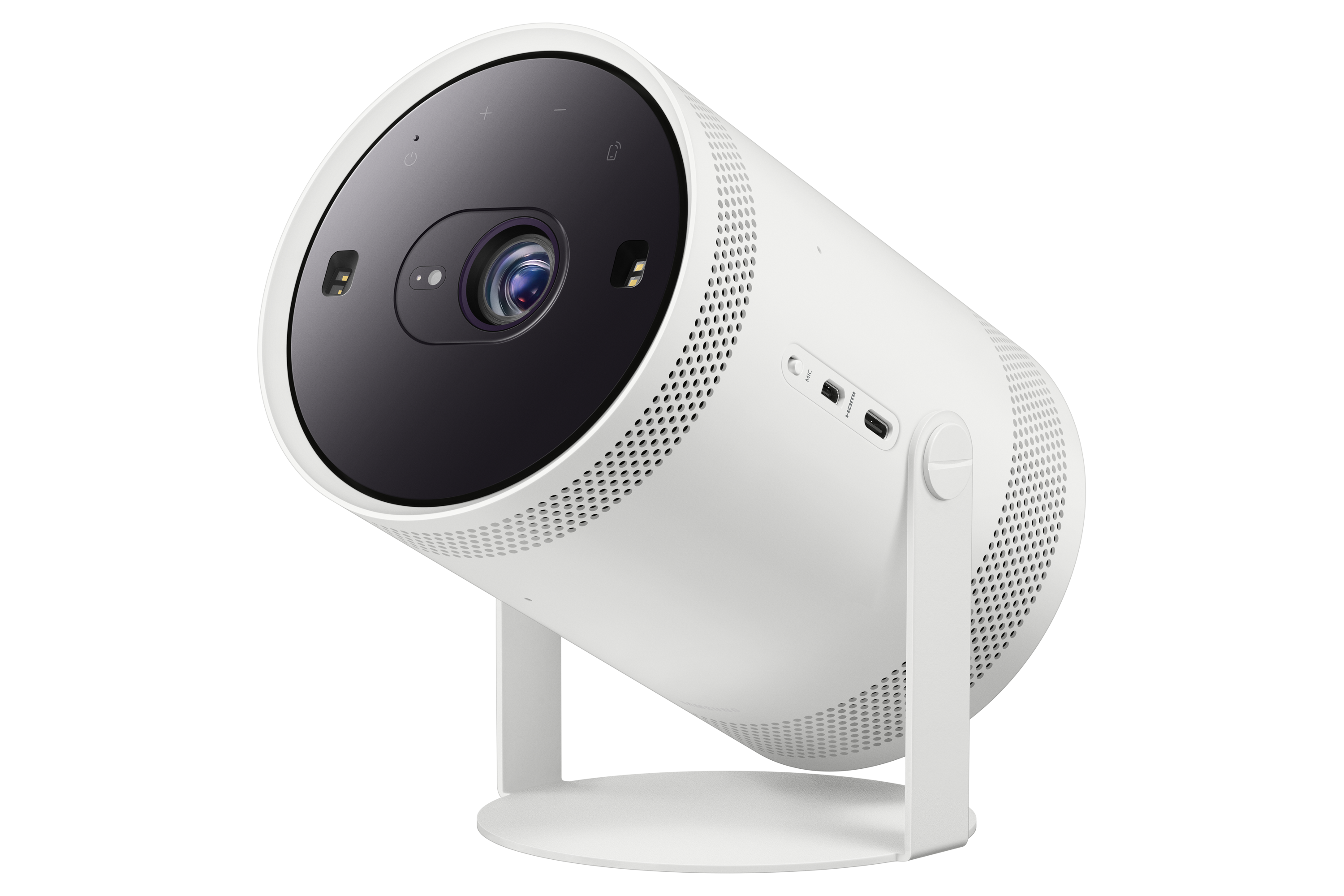Weißer zylindrischer Samsung-Projektor. Schwarze Oberseite mit Bedienelementen und Linse. Weißer Ständer.