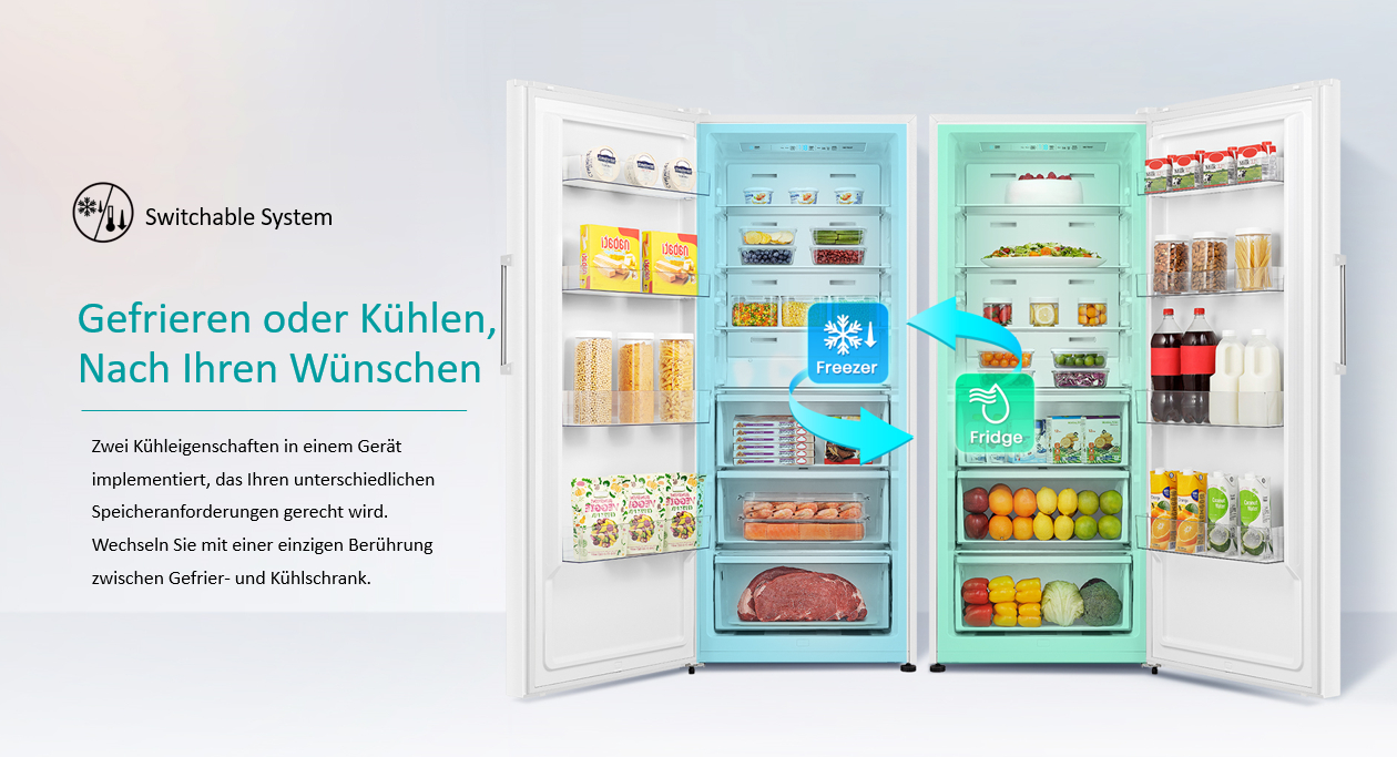 Ein Kühlschrank mit zwei Modi: Gefrier- und Kühlfunktion, mit Lebensmitteln gefüllt.