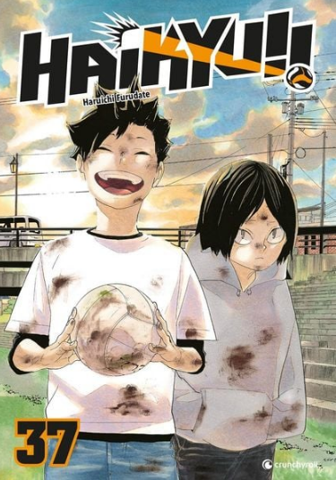 Cover von Haikyu!! Manga Band 37. Zwei Charaktere lächeln, schmutzig, halten einen Volleyball. Hintergrund ist eine Straße.