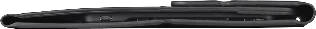 Schwarze Seitenansicht eines Geräts mit USB-Anschluss, evtl. Ladegerät.