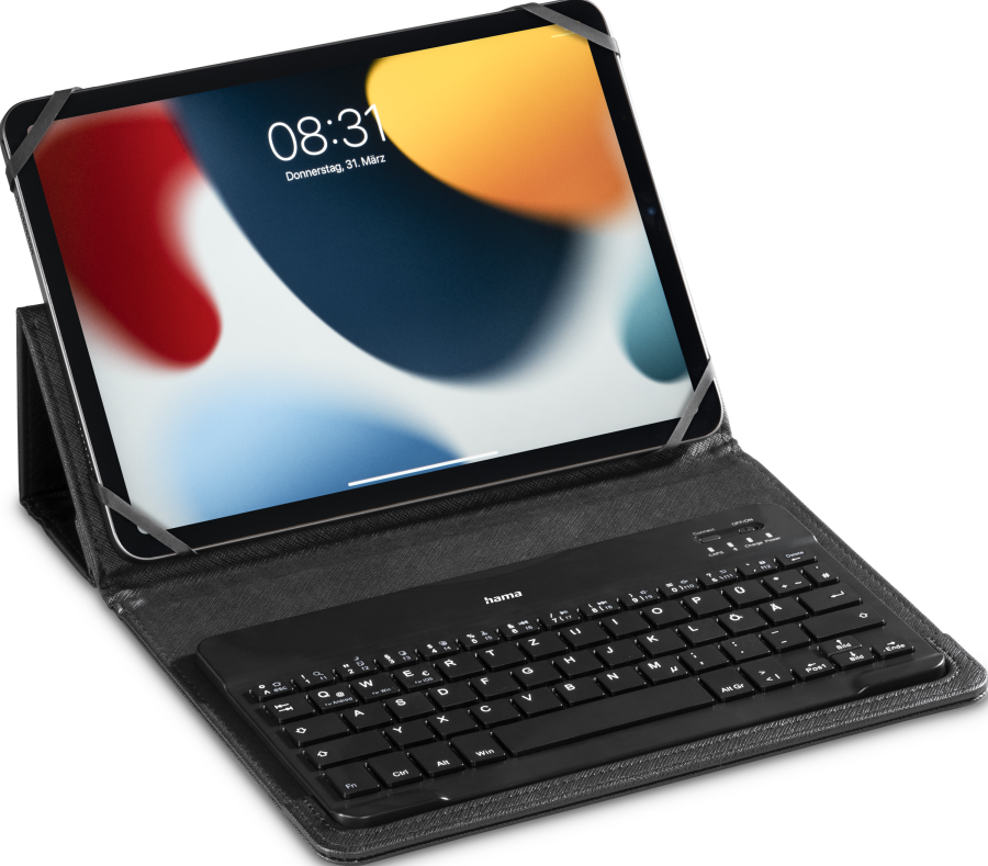 Ein Tablet mit einer schwarzen Tastaturhülle.