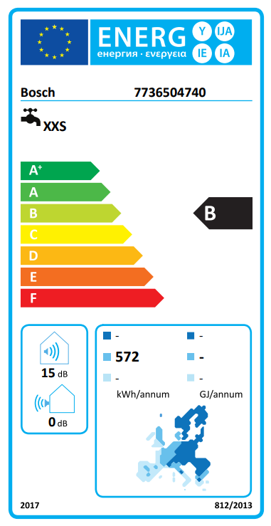 Egy Bosch készülék energia címkéje, amely a hatékonysági besorolásokat és a fogyasztási adatokat mutatja.