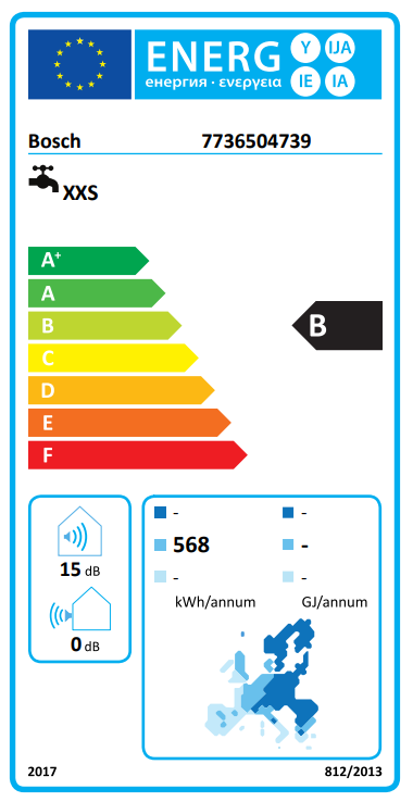 Energia címke Bosch logóval és energiahatékonysági besorolással. Különböző energiaosztályokat mutat.