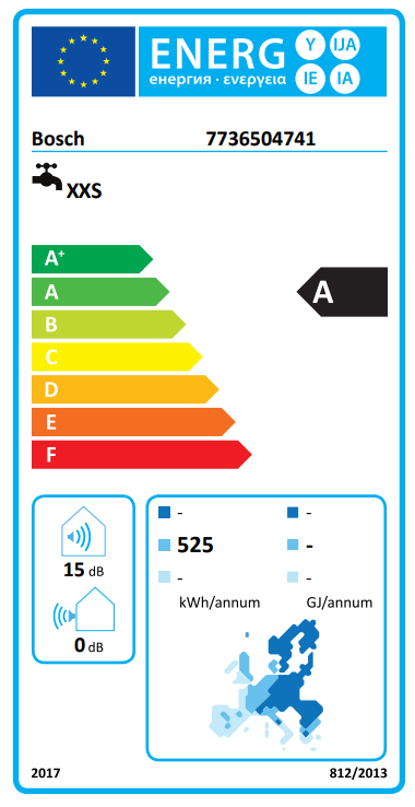 Energia címke egy Bosch készülékhez, amely energiatakarékossági információkat jelenít meg.
