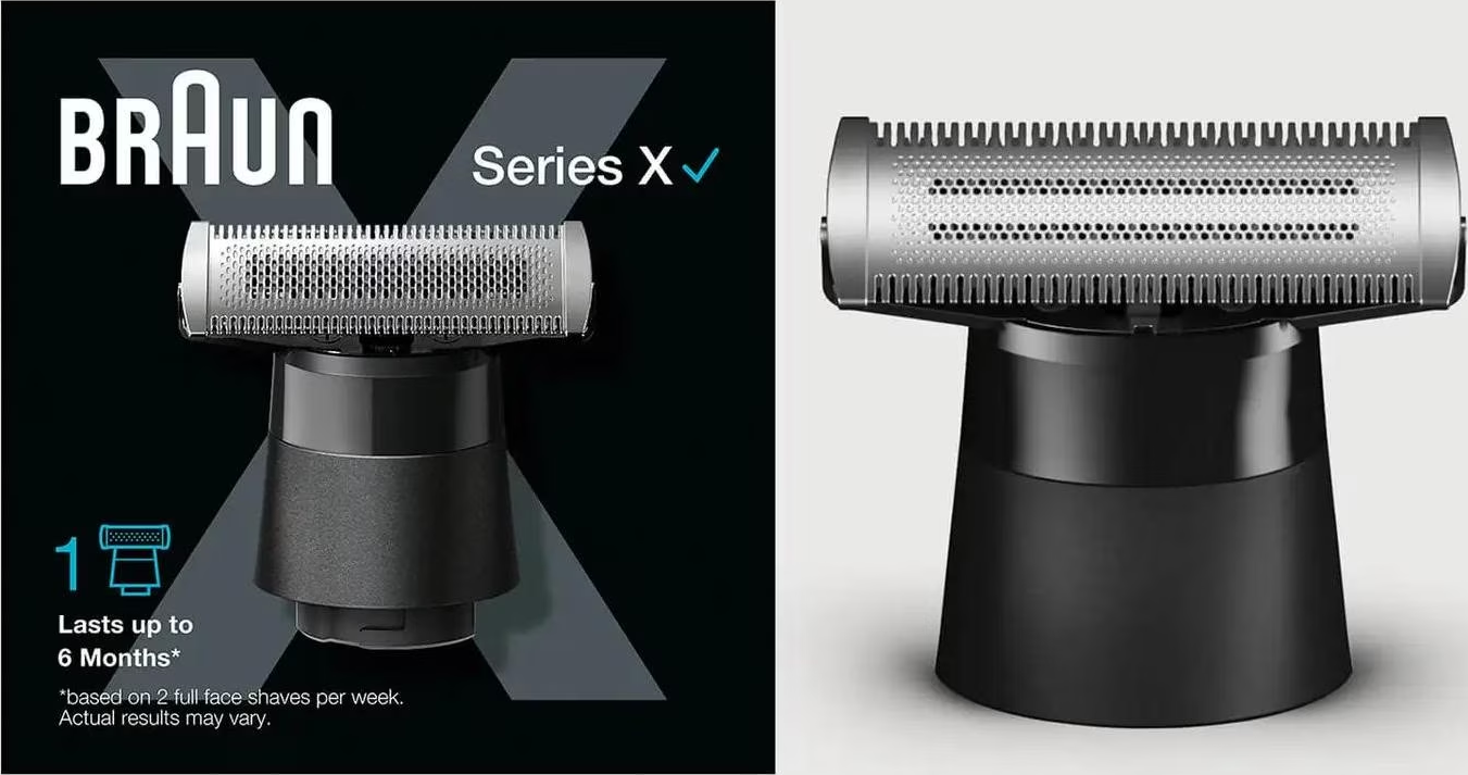 Braun Series X Rasierköpfe auf schwarzem Ständer, mit Text über die Nutzung.