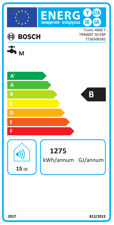 Energetikai címke egy vízmelegítőhöz, amely energiahatékonysági információkat és műszaki adatokat jelenít meg.
