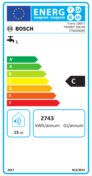 Energia címke. Hatékonysági besorolást és fogyasztási adatokat mutat egy Bosch Tronic vízmelegítőhöz.