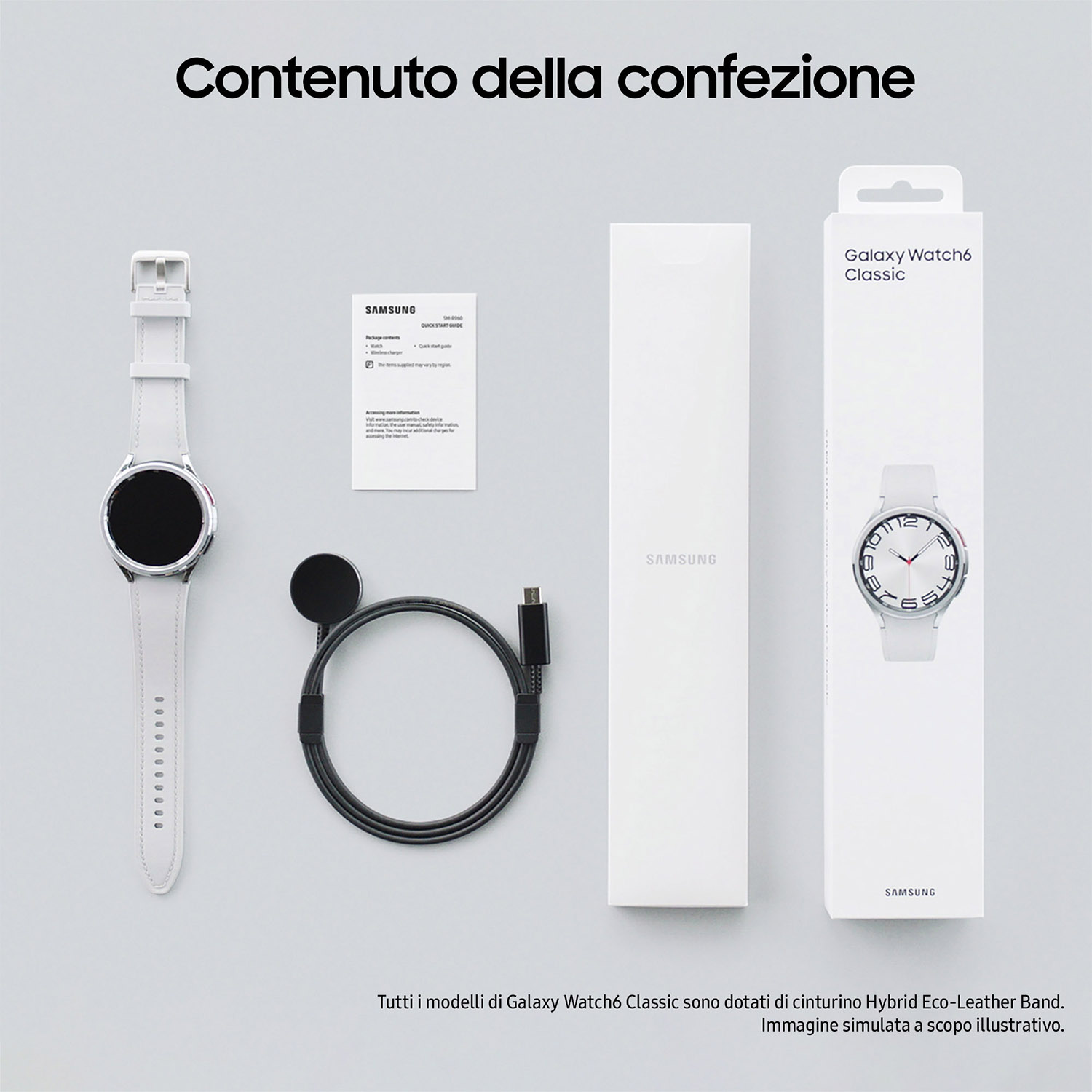 Contenuto di una scatola Samsung Galaxy Watch6 Classic: orologio, caricatore, cavo e documenti.