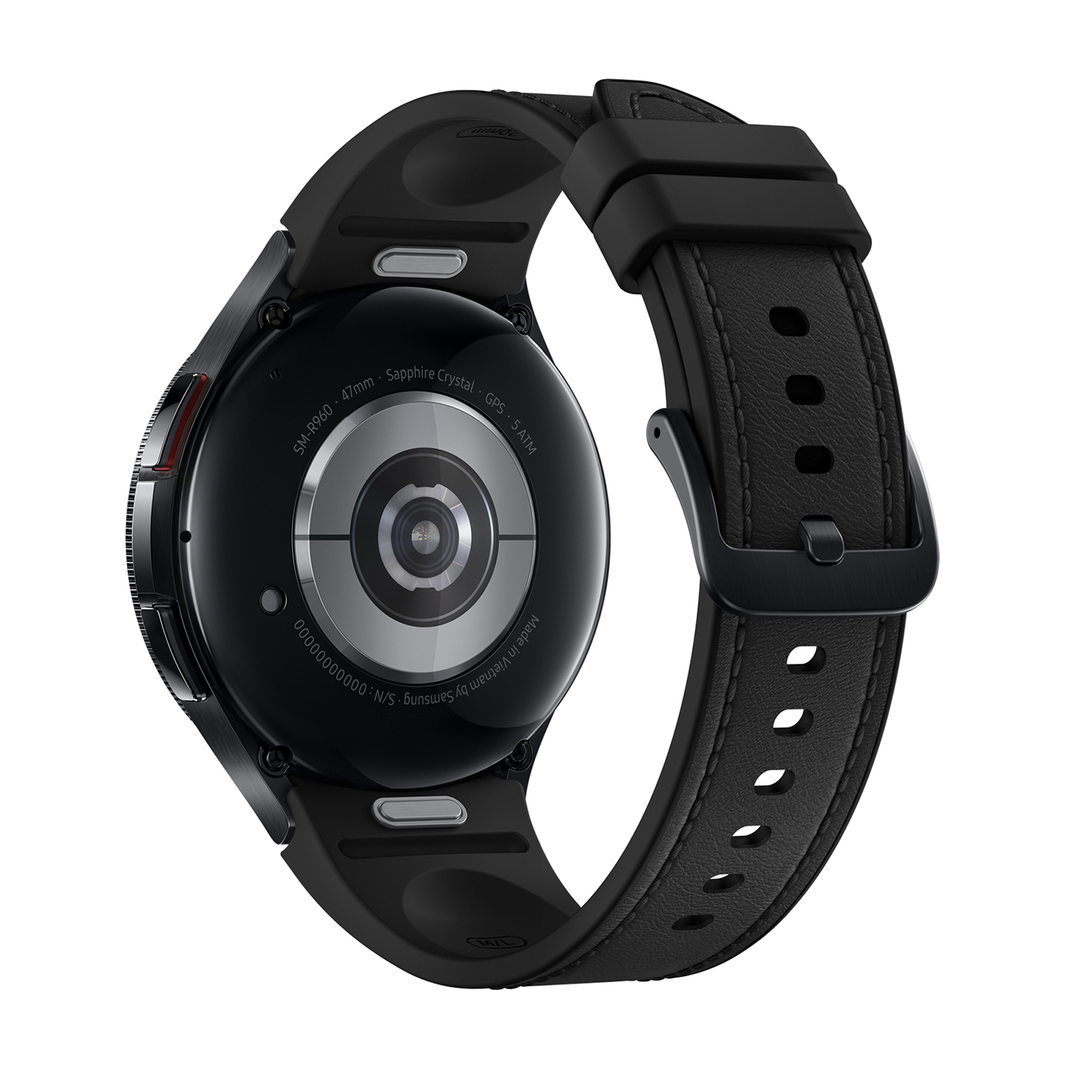 Smartwatch nera con cinturino nero, vista posteriore, che rivela i componenti interni e il marchio.
