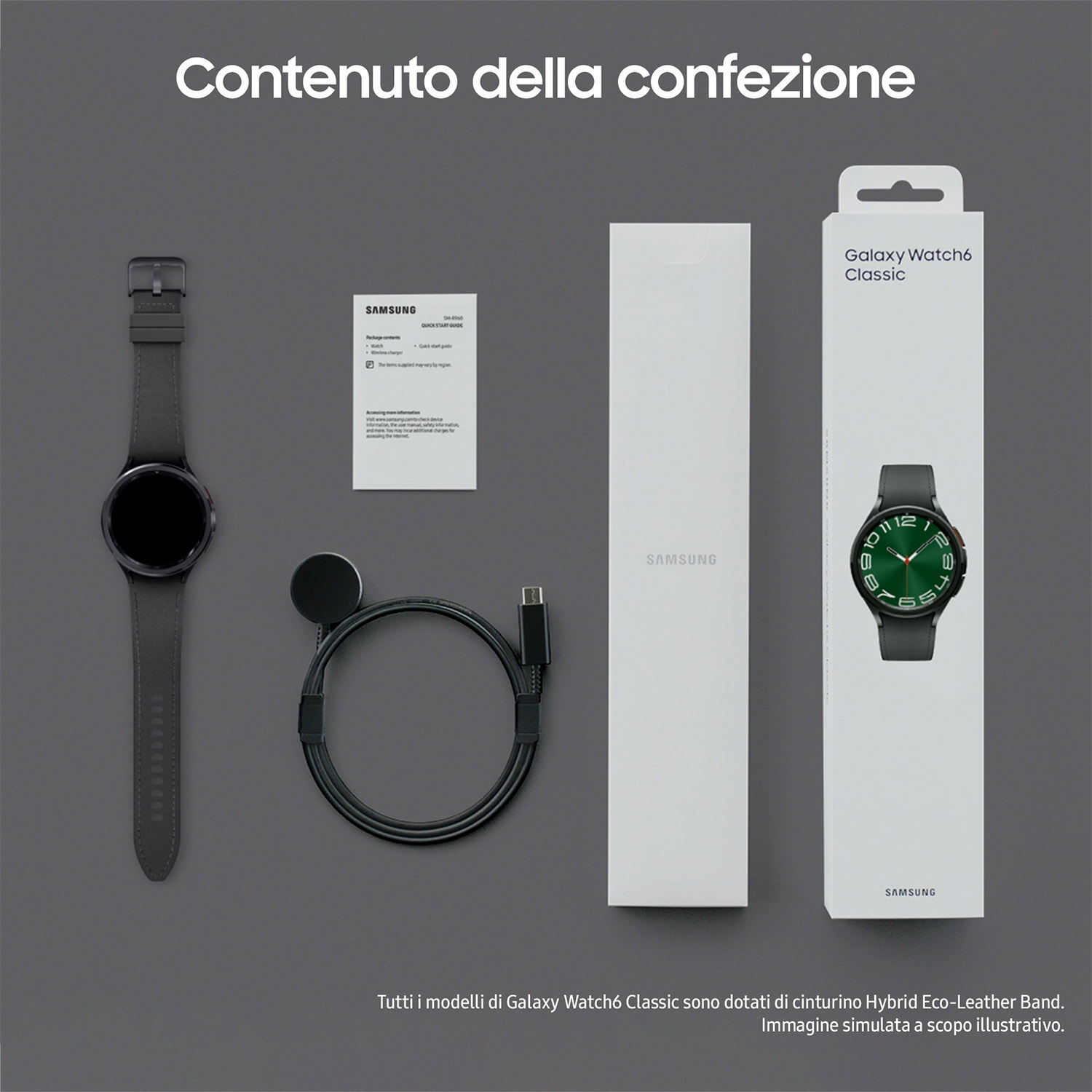 Contenuto di una scatola, un orologio, cinturino, caricatore e documentazione, su una superficie grigia.