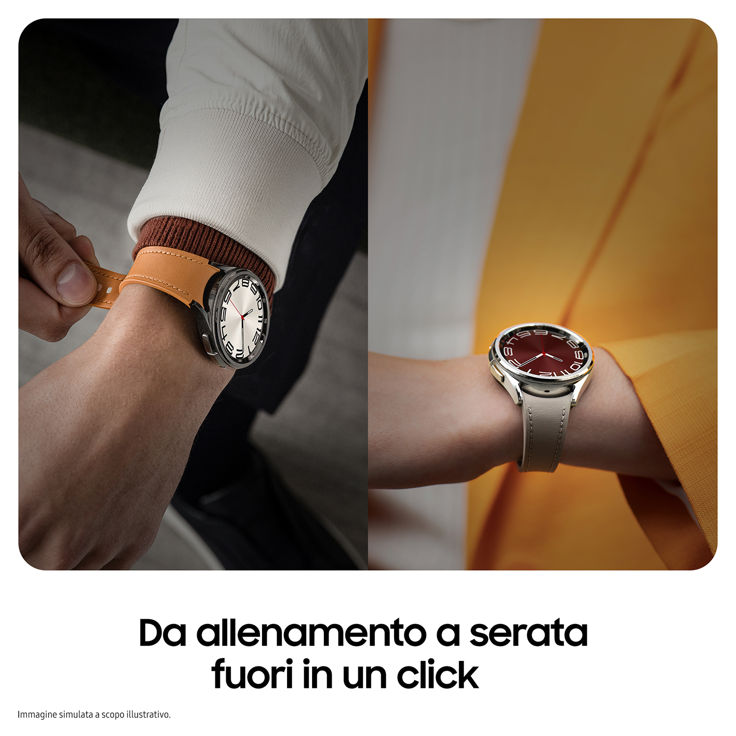 Due polsi con smartwatch. Uno con cinturino marrone, l'altro con quadrante rosso e cinturino bianco.