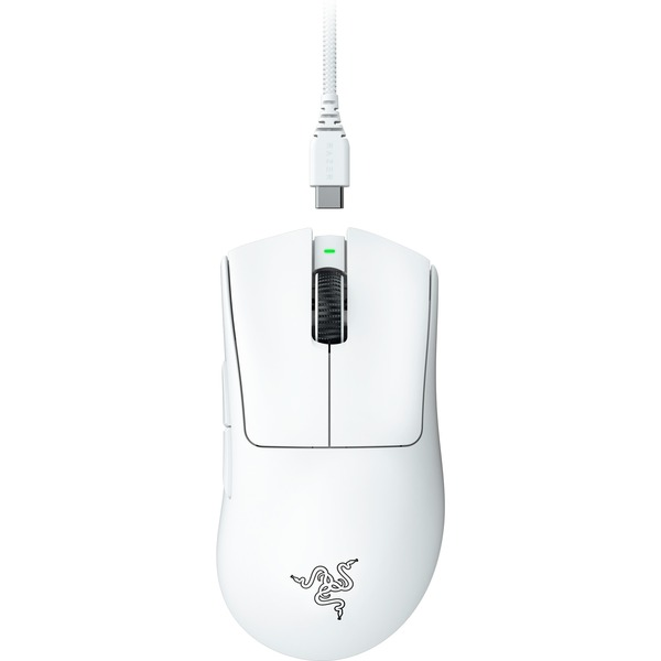 Ratón Razer blanco, conectado a un cable. El ratón tiene un logo y una rueda de desplazamiento.