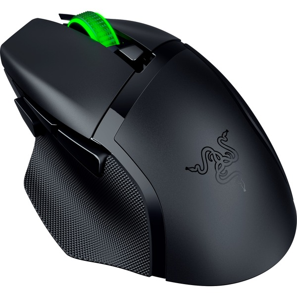 Ratón gaming negro con rueda de desplazamiento verde y logo sobre fondo negro.