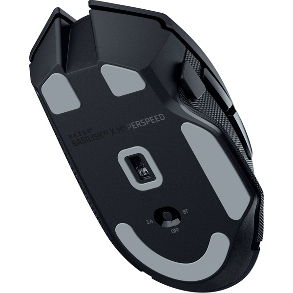 Ratón Razer Basilisk V3 Pro, cuerpo negro, almohadillas grises, vista inferior.